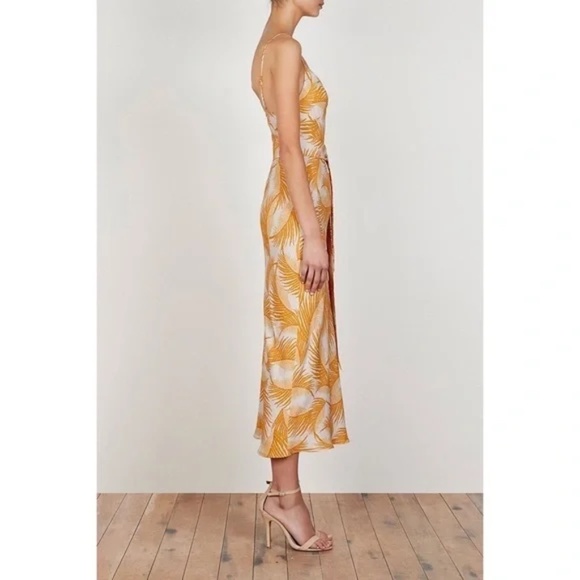 Shona Joy Phoenix Midi Slip Dress in Yellow/ Stone Belted Feather Print Size 6 - Picture 3 of 13